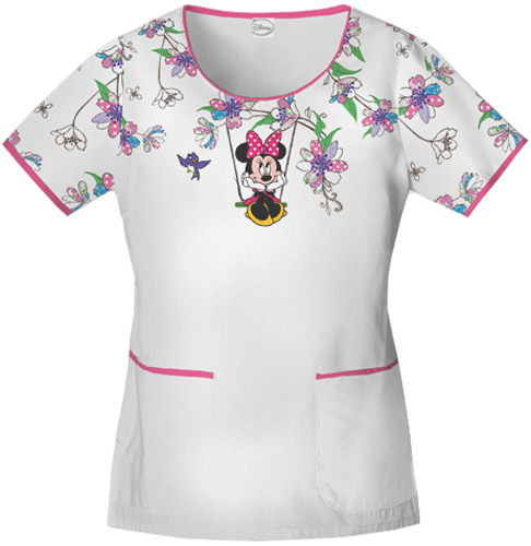 Tooniforms Women's Swinging Minnie Scrub Top. Embroidery is available on this item.
