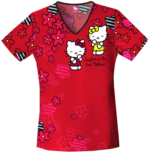 Tooniforms Women's Hello Kitty Laughs Scrub Top. Embroidery is available on this item.