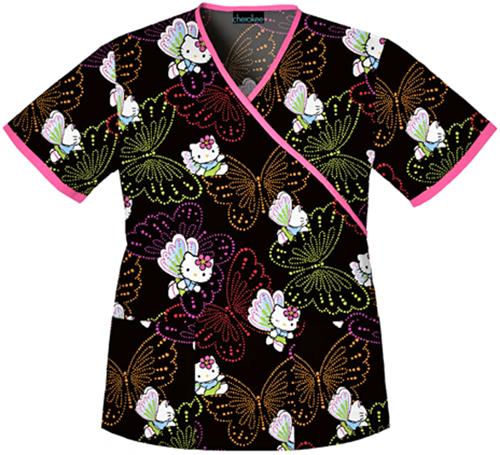 Tooniforms Women Kitty/Butterflies VNeck Scrub Top. Embroidery is available on this item.