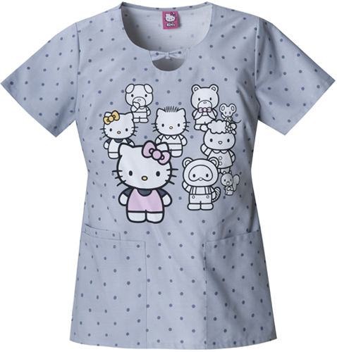 Tooniforms Women's Hello Kitty Family Scrub Top. Embroidery is available on this item.