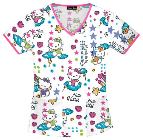 Tooniforms Women's Scribble Hello Kitty Scrub Top. Embroidery is available on this item.