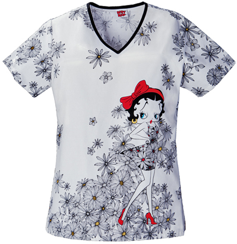 Tooniforms Womens Betty's Daisies V-Neck Scrub Top. Embroidery is available on this item.