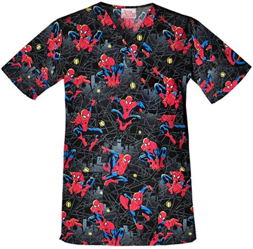 Tooniforms Unisex Spider-Man V-Neck Scrub Top. Embroidery is available on this item.