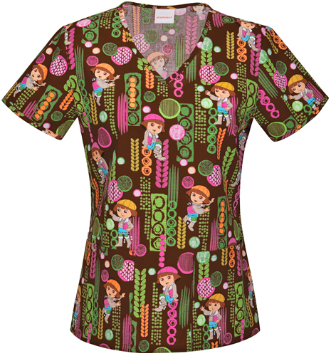 Tooniforms Women's Dora Little Traveler Scrub Top. Embroidery is available on this item.