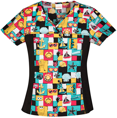 Tooniforms Women's SpongeBob Beachy Keen Scrub Top. Embroidery is available on this item.
