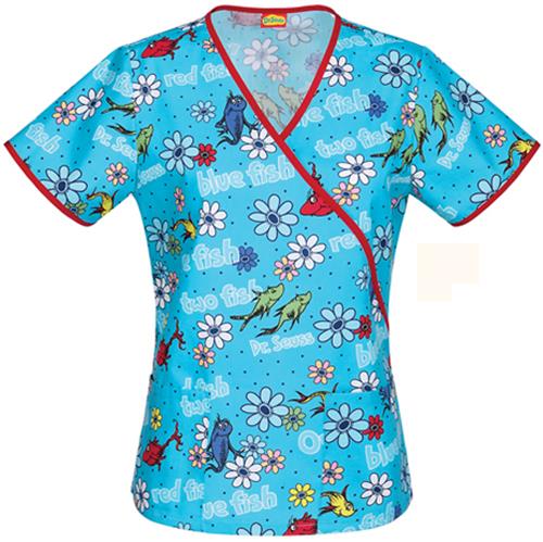 Tooniforms Womens Dr. Seuss 1-2 Red Blue Scrub Top. Embroidery is available on this item.