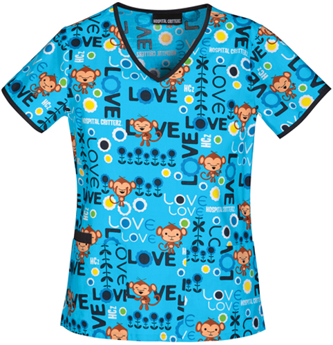 Tooniforms Women's Love Monkey V-Neck Scrub Top. Embroidery is available on this item.