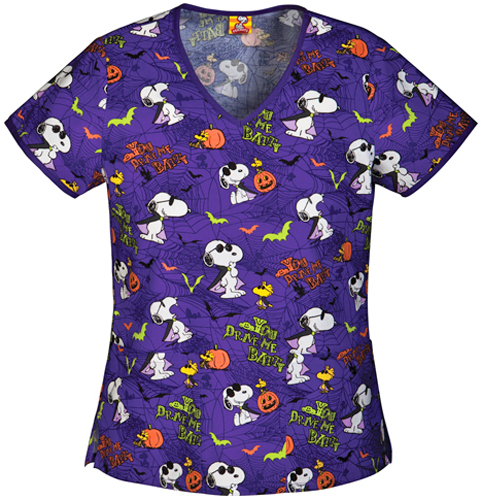 Tooniforms Women's Snoopy/Batty V-Neck Scrub Top. Embroidery is available on this item.