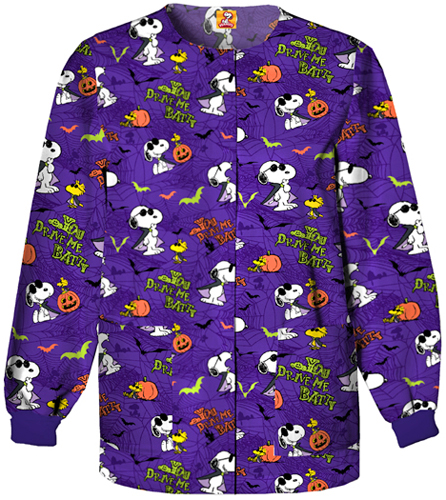 Tooniforms Women Snoopy/Batty Warm-Up Scrub Jacket. Embroidery is available on this item.