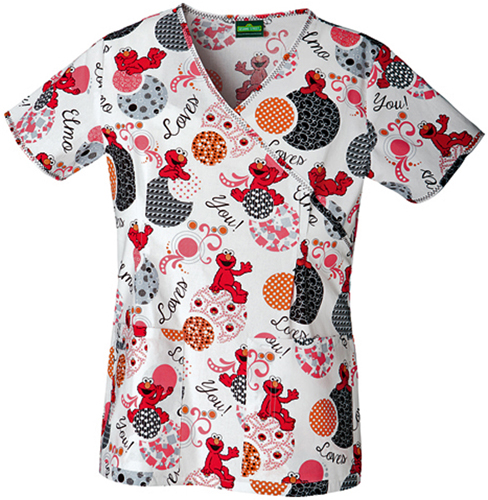 Tooniforms Womens Love of Elmo Mock Wrap Scrub Top. Embroidery is available on this item.
