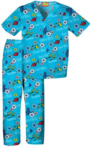 Tooniforms Kid's Dr. Seuss 1-2 Red Blue Scrub Set. Embroidery is available on this item.
