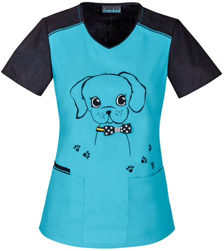 Cherokee Women's Give a Dog a Bow-n Scrub Top. Embroidery is available on this item.