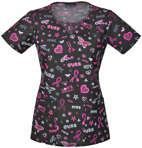 Cherokee Breast Cancer Love, Hope, Cure Scrub Top. Embroidery is available on this item.