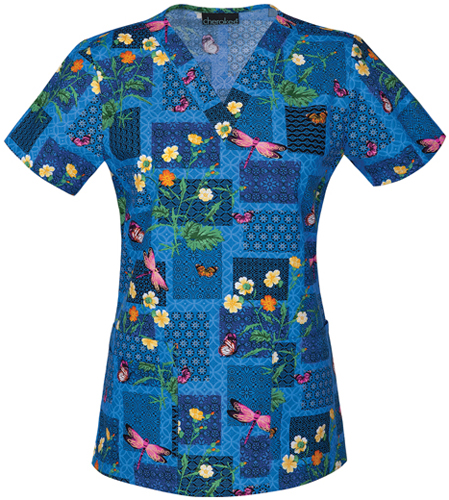 Cherokee Womens Dragonfly Delight V-Neck Scrub Top. Embroidery is available on this item.