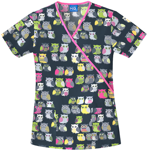 Scrub HQ Women's Owl Be There Mock Wrap Scrub Top. Embroidery is available on this item.