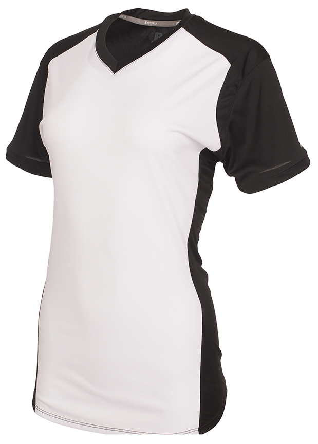 E131489 Russell Girls VNeck Color Block Short Sleeve Softball Jerseys