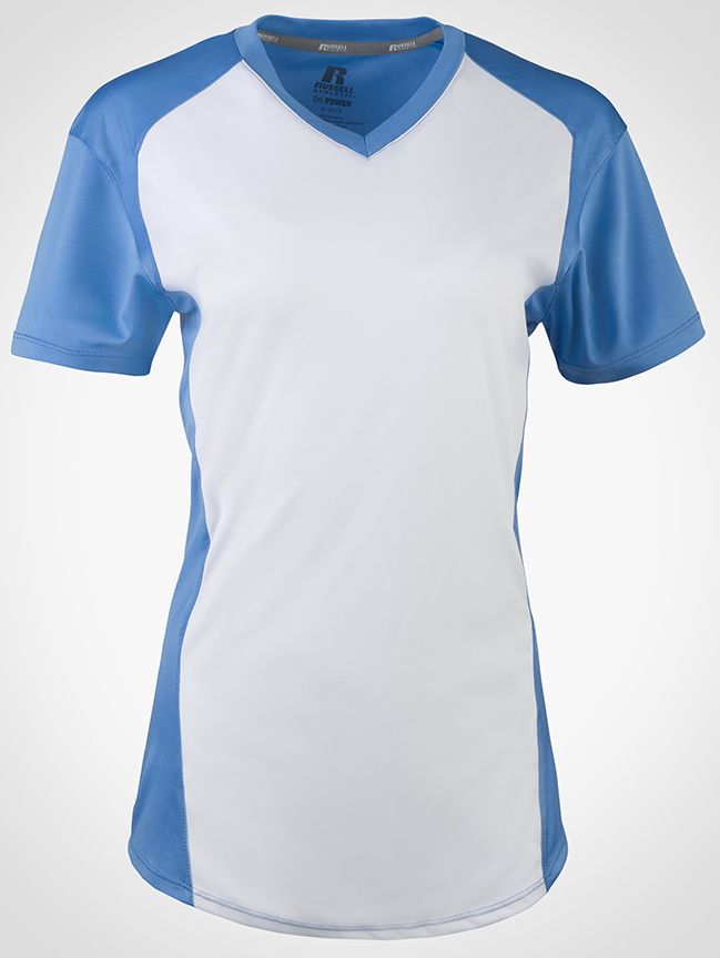 E131489 Russell Girls VNeck Color Block Short Sleeve Softball Jerseys