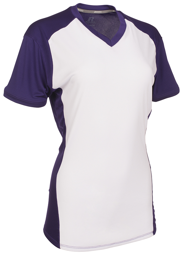 E131489 Russell Girls VNeck Color Block Short Sleeve Softball Jerseys