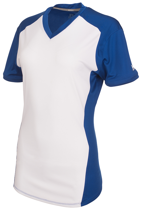 E131489 Russell Girls V-Neck Color Block Short Sleeve Softball Jerseys