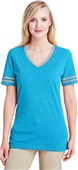 Jerzees Ladies TRI-BLEND Varsity V-Neck T-Shirt CARIBBEAN BLUE HEATHER/OXFORD Primary