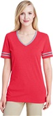 Jerzees Ladies TRI-BLEND Varsity V-Neck T-Shirt FIERY RED HEATHER/OXFORD Primary