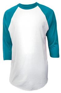 teal and white baseball tee