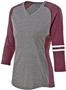Womens Vintage V-Neck, Contrasting Sleeve Strips, Heather Soft T Shirt  VINTAGE GREY/VINTAGE MAROON/WHITE Primary
