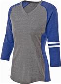 Womens Vintage V-Neck, Contrasting sleeve strips, Heather Soft Shirt  VINTAGE GREY/VINTAGE ROYAL/WHITE Primary