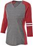 Womens Vintage V-Neck, Contrasting Sleeve Strips, Heather Soft T Shirt VINTAGE GREY/VINTAGE SCARLET/WHITE Primary