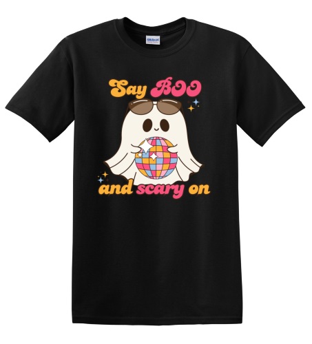 Epic Adult/Youth Say Boo Scary On Cute Disco Ghost Cotton Graphic T-Shirts. Free shipping.  Some exclusions apply.