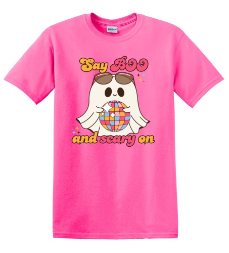 Epic Adult/Youth Say Boo Scary On Cute Disco Ghost Cotton Graphic T-Shirts. Free shipping.  Some exclusions apply.