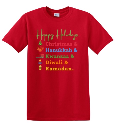 Epic Adult/Youth Happy Holidays Christmas Hanukkah Diwali Cotton Graphic T-Shirts. Free shipping.  Some exclusions apply.