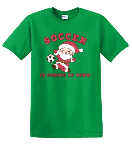 Epic Adult/Youth Soccer Is Coming To Town Santa Cotton Graphic T-Shirts. Free shipping.  Some exclusions apply.