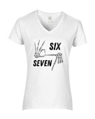 Epic Ladies 67 Six Seven Skeleton Hands Distressed V-Neck Graphic T-Shirts