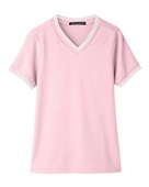Devon & Jones Ladies' CrownLux Performance Plaited Tipped V-Neck Polo DG20CW PINK/ WHITE Pocket