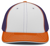 Pacific Headwear 404M Trucker PacFlex Mesh Baseball Caps WHITE/PURPLE/ORANGE Front
