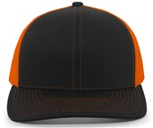 Pacific Headwear 104C Trucker Mesh Baseball Cap BLACK/NEON ORANGE Front