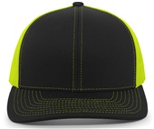 Pacific Headwear 104C Trucker Mesh Baseball Cap BLACK/NEON YELLOW Front