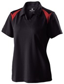 Womens Textured Polyester, Mechanical Stretch Pique Polo Shirt BLACK/SCARLET Pocket